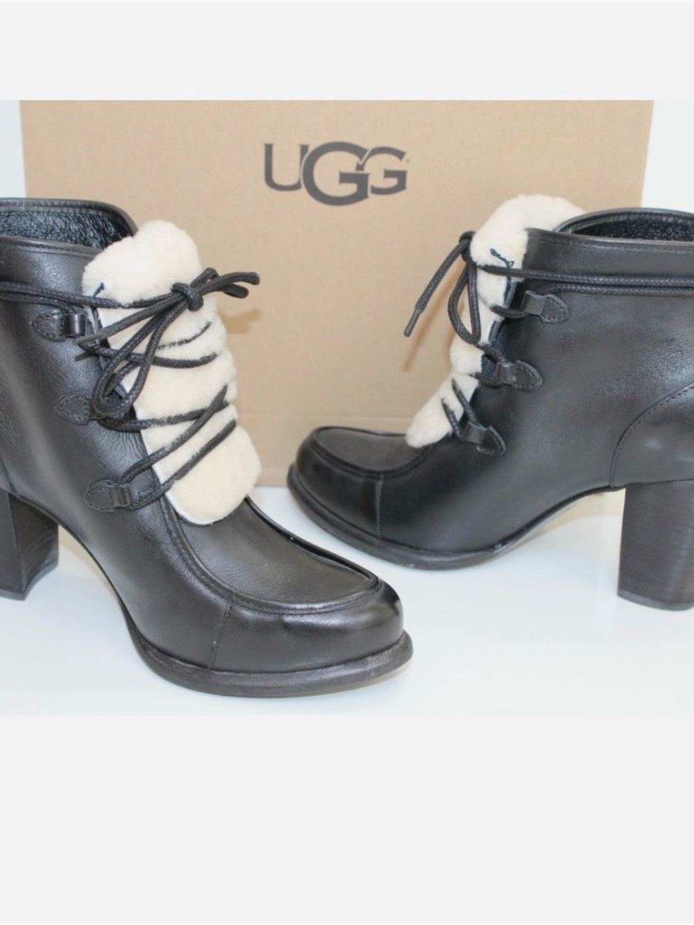 UGG Analise Black Leather Shearling-Lined Lace-Up Block Heel Ankle Boots Size: 6
